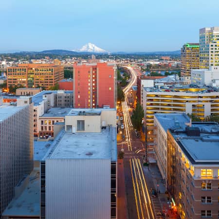 View of Mt. Hood from a rooftop in Portland